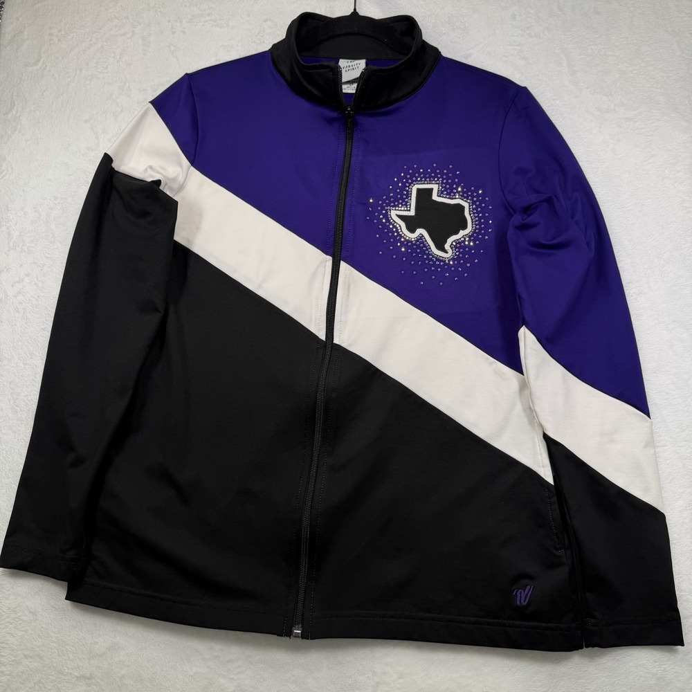 Varsity Spirit Fashions Jacket Womens Medium Purple Black White Pockets Zipper